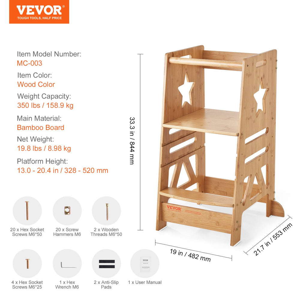 VEVOR Tower Step Stool for Kids and Toddlers, 3-Level Height Adjustable Toddler Kitchen Stool Helper, Bamboo Standing Tower Learning Stool with Safety Rail for Kitchen Counter Bathroom, 350LBS Loading