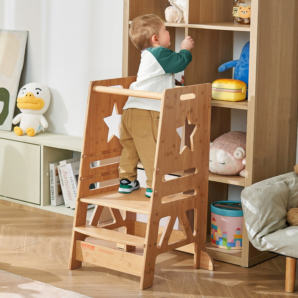 VEVOR Tower Step Stool for Kids and Toddlers, 3-Level Height Adjustable Toddler Kitchen Stool Helper, Bamboo Standing Tower Learning Stool with Safety Rail for Kitchen Counter Bathroom, 350LBS Loading