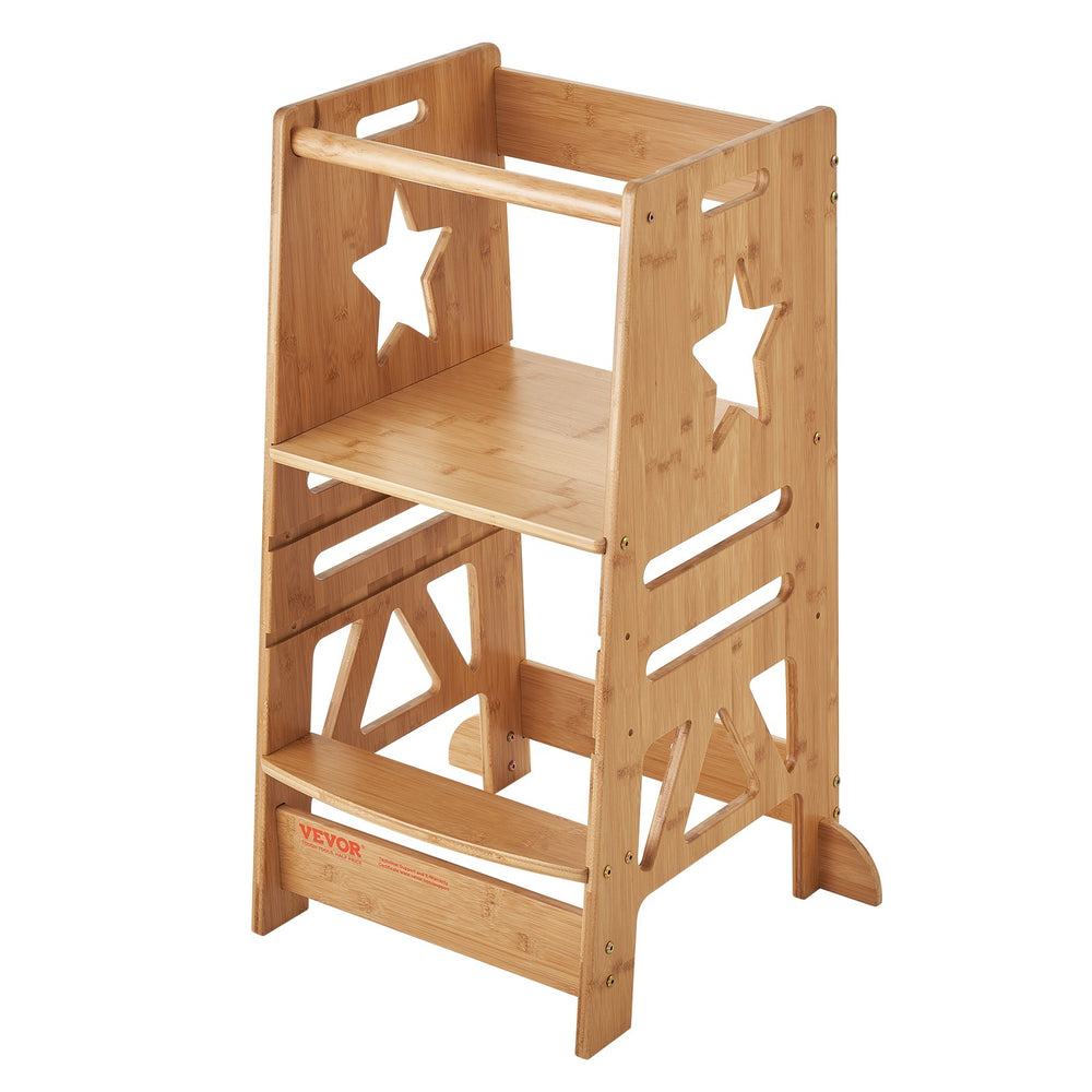 VEVOR Tower Step Stool for Kids and Toddlers, 3-Level Height Adjustable Toddler Kitchen Stool Helper, Bamboo Standing Tower Learning Stool with Safety Rail for Kitchen Counter Bathroom, 350LBS Loading
