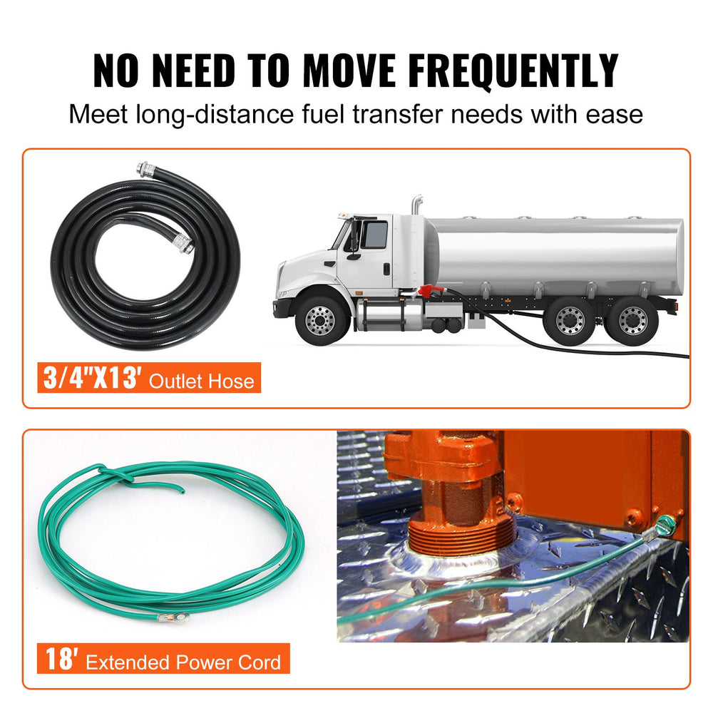 VEVOR Fuel Transfer Pump, 12V DC 16 GPM 1/4 HP, Gasoline Extractor Pump with Automatic Nozzle, Discharge Hose & Suction Pipe for Gasoline, Diesel, Kerosene, Ethanol & Methanol Blends, and Biodiesel