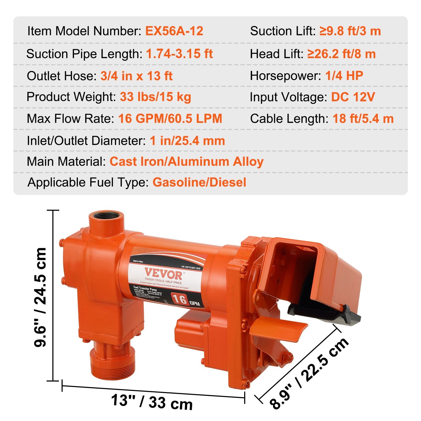 VEVOR Fuel Transfer Pump, 12V DC 16 GPM 1/4 HP, Gasoline Extractor Pump with Automatic Nozzle, Discharge Hose & Suction Pipe for Gasoline, Diesel, Kerosene, Ethanol & Methanol Blends, and Biodiesel