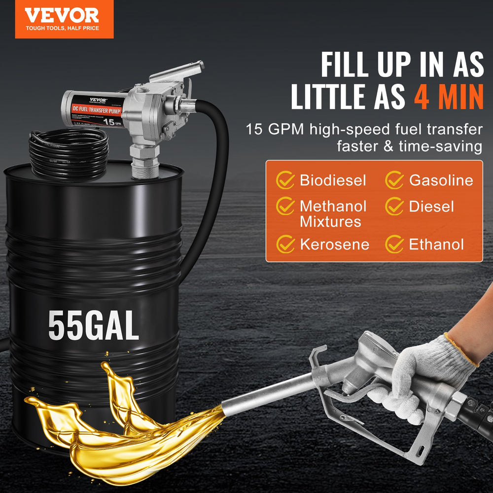 VEVOR Fuel Transfer Pump, 12V DC 57L/min(15 GPM) 149W(1/5 HP), Gear-Type Electric Diesel Transfer Pump with Auto Shut-Off Fuel Nozzle, Long Inlet & Outlet Hose for Gasoline, Diesel, Kerosene, Ethanol Blends