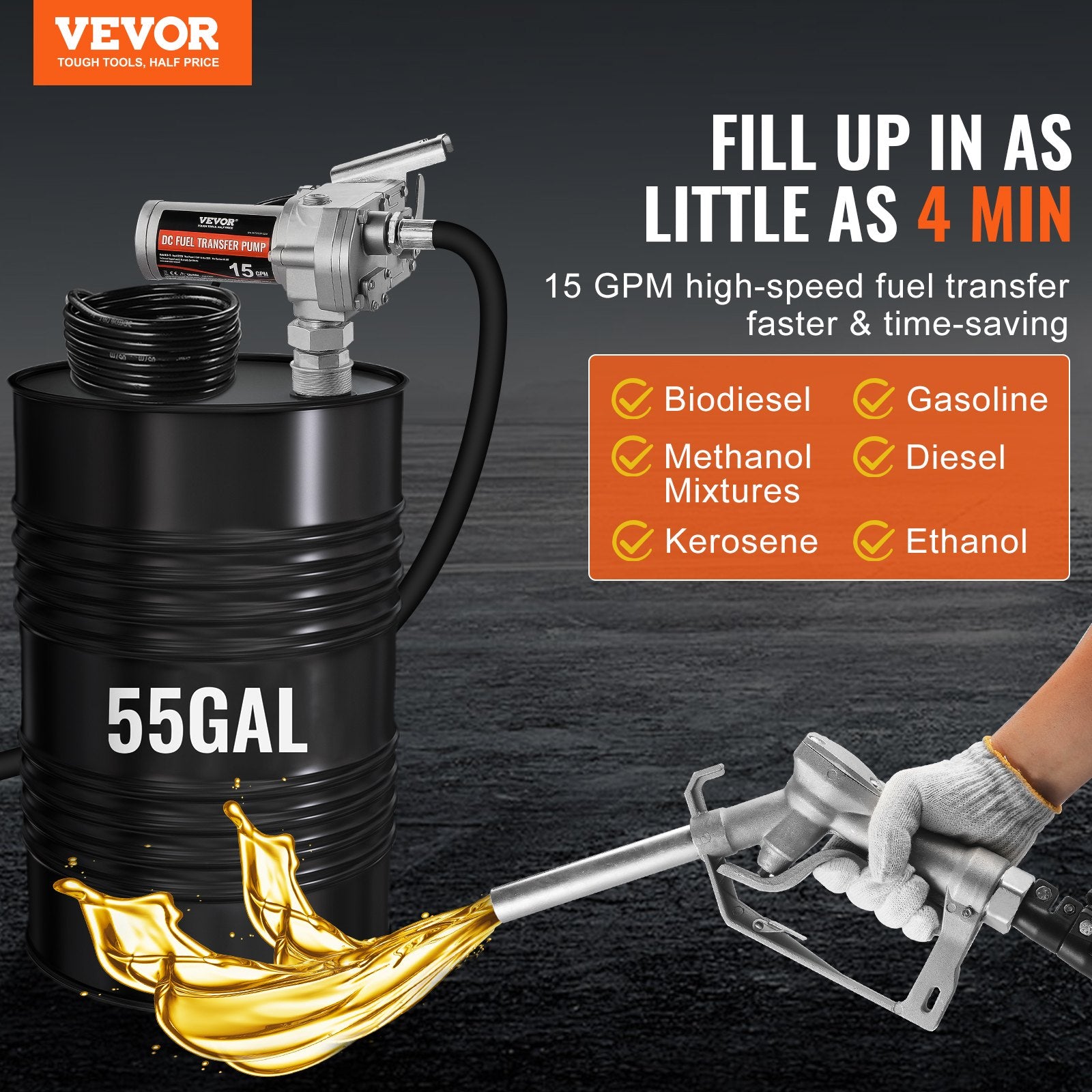 VEVOR Fuel Transfer Pump, 12V DC 57L/min(15 GPM) 149W(1/5 HP), Gear-Type Electric Diesel Transfer Pump with Auto Shut-Off Fuel Nozzle, Long Inlet & Outlet Hose for Gasoline, Diesel, Kerosene, Ethanol Blends