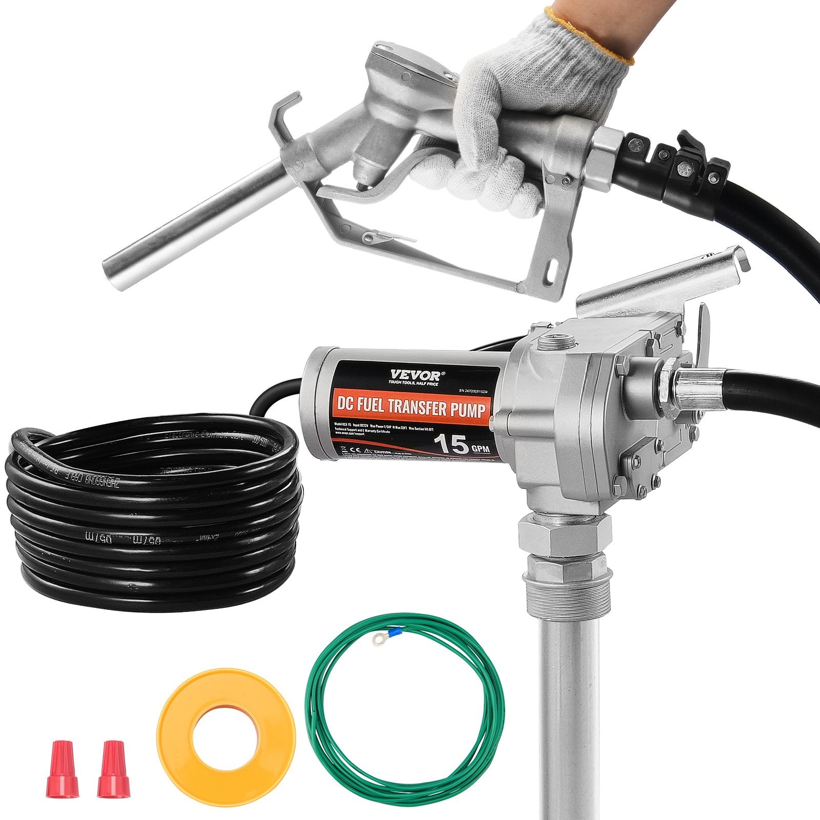 VEVOR Fuel Transfer Pump, 12V DC 57L/min(15 GPM) 149W(1/5 HP), Gear-Type Electric Diesel Transfer Pump with Auto Shut-Off Fuel Nozzle, Long Inlet & Outlet Hose for Gasoline, Diesel, Kerosene, Ethanol Blends
