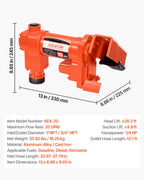 VEVOR Fuel Transfer Pump, 12V DC 76 L/min(20 GPM) 186W(1/4 HP) Diesel Pump, Extractor Pumps with Manual Nozzle, Discharge Hose and Suction Pipe, for Gasoline, Diesel, Kerosene, Ethanol-Methanol Blends & Biodiesel