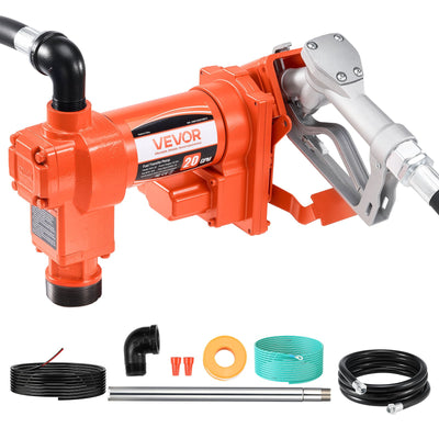 VEVOR Fuel Transfer Pump, 12V DC 76 L/min(20 GPM) 186W(1/4 HP) Diesel Pump, Extractor Pumps with Manual Nozzle, Discharge Hose and Suction Pipe, for Gasoline, Diesel, Kerosene, Ethanol-Methanol Blends & Biodiesel