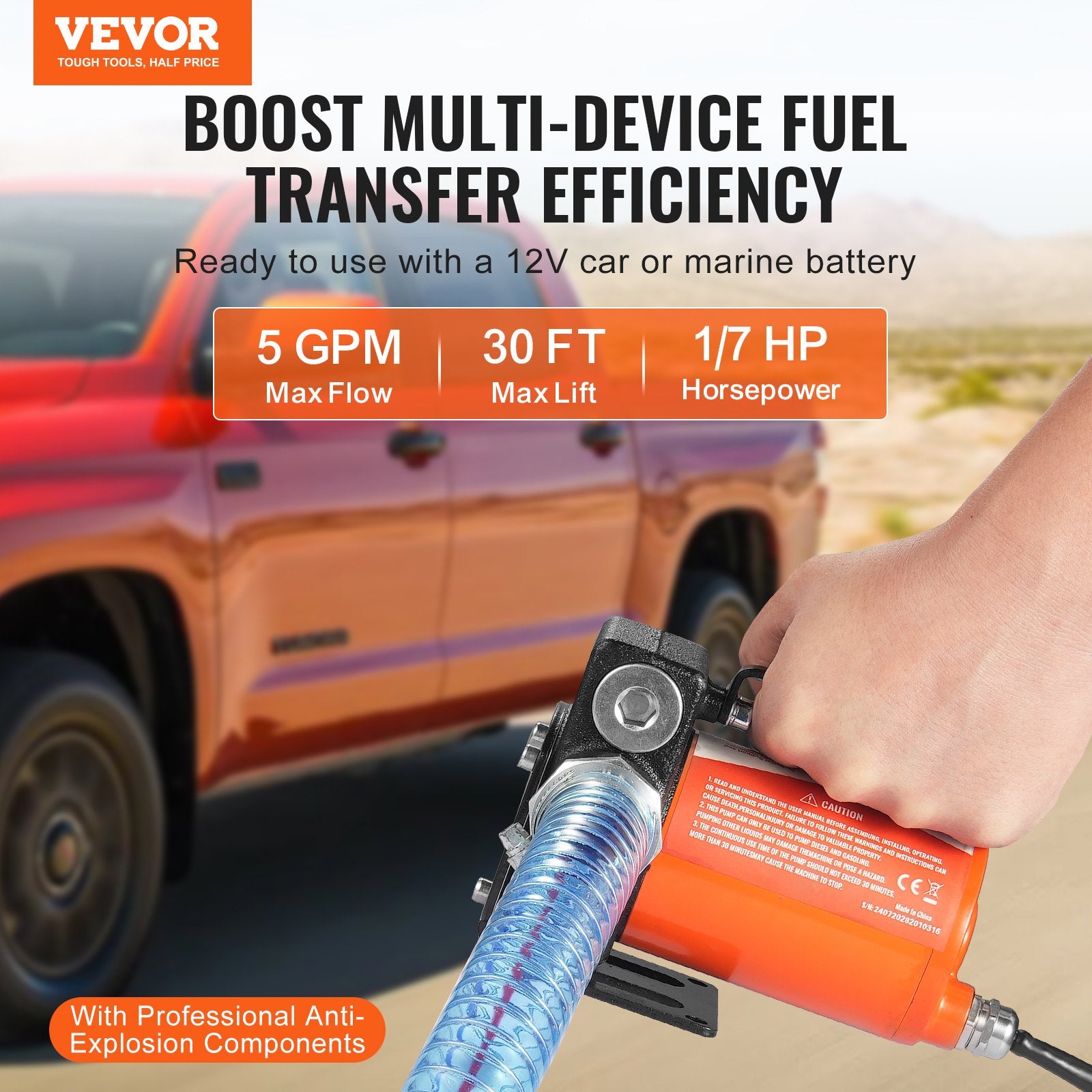 VEVOR Fuel Transfer Pump, 12V DC 19L/min(5.3 GPM) 75W(1/10 HP), Portable Electric Diesel Transfer Pump with Auto Shut-Off Fuel Nozzle, Long Inlet & Outlet Hose for Gasoline, Diesel, Kerosene, Methanol Blends