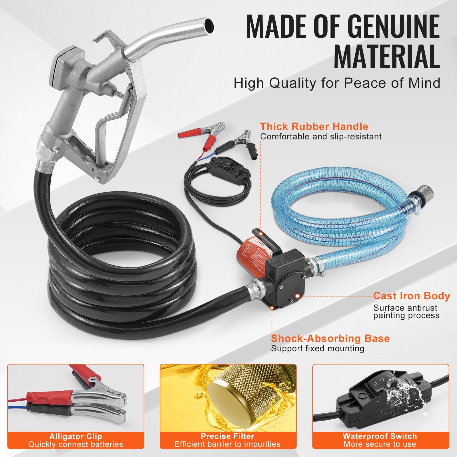 VEVOR Fuel Transfer Pump, 12V DC 19L/min(5.3 GPM) 75W(1/10 HP), Portable Electric Diesel Transfer Pump with Auto Shut-Off Fuel Nozzle, Long Inlet & Outlet Hose for Gasoline, Diesel, Kerosene, Methanol Blends