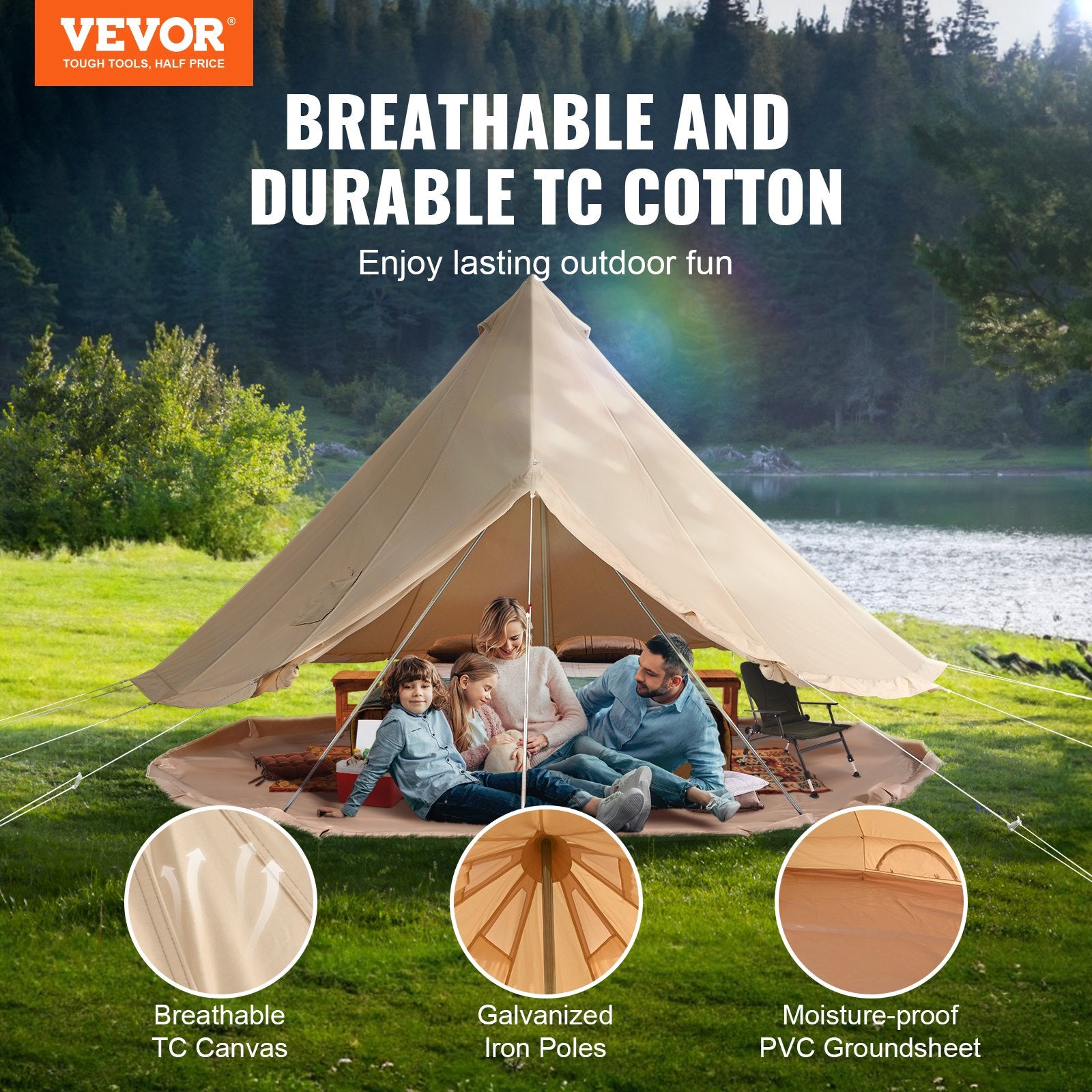 VEVOR Canvas Bell Tent, 4 Seasons 3 m/9.8ft Yurt Tent, Canvas Tent for Camping with Stove Jack, Breathable Tent Holds up to 4 People, Family Camping Outdoor Hunting Party