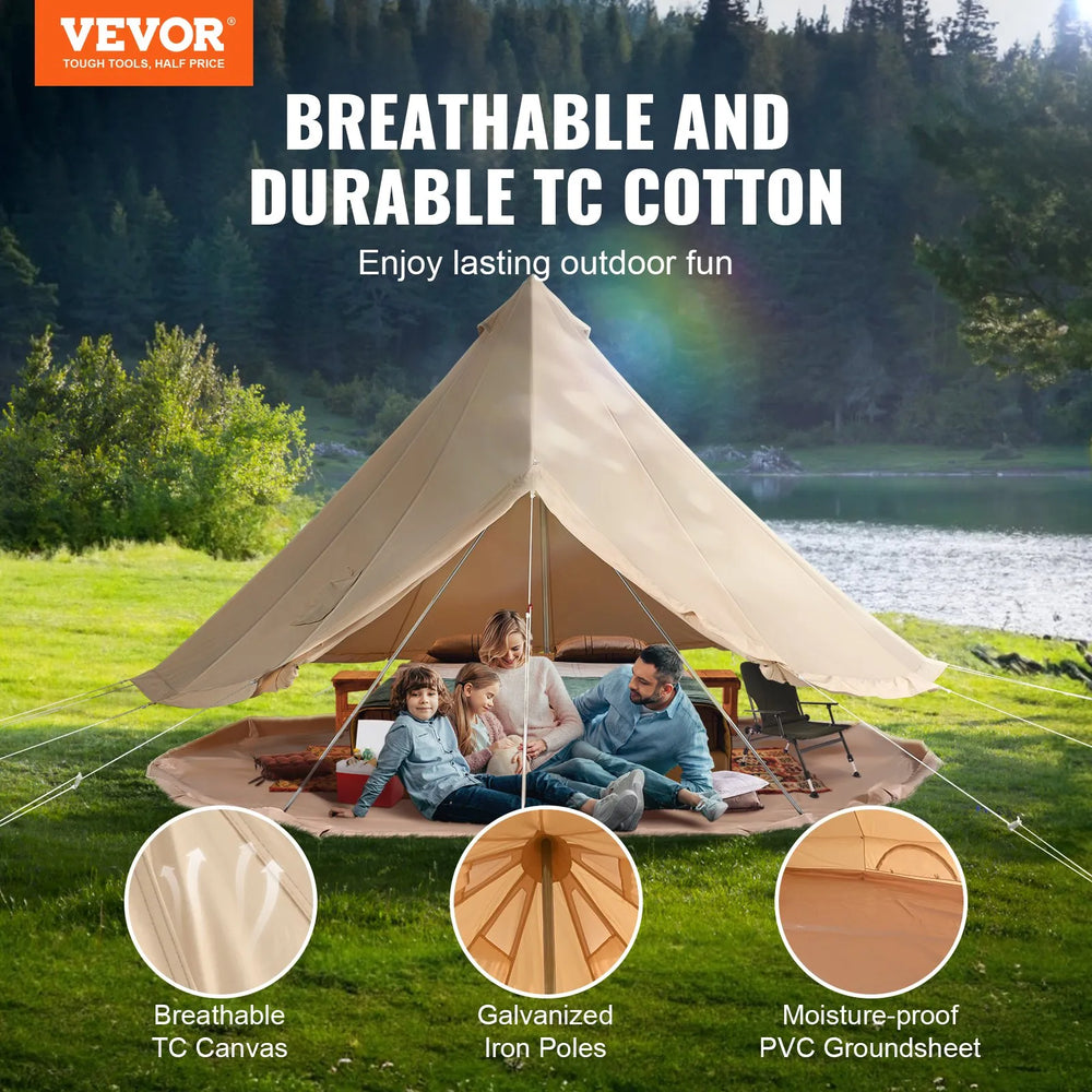 VEVOR Canvas Bell Tent, 4 Seasons 4 m/13.12 ft Yurt Tent, Canvas Tent for Camping with Stove Jack, Breathable Tent Holds up to 6 People, Family Camping Outdoor Hunting Party