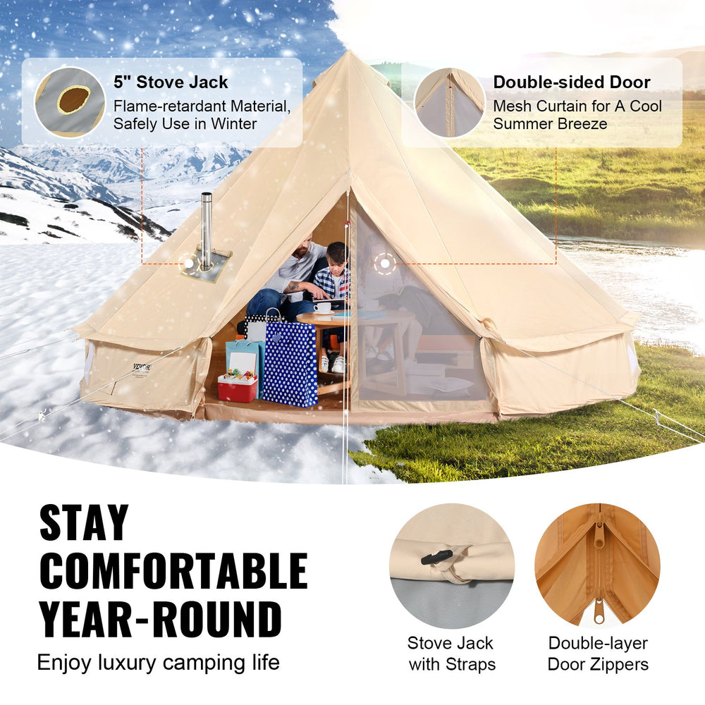 VEVOR Canvas Bell Tent, 4 Seasons 4 m/13.12 ft Yurt Tent, Canvas Tent for Camping with Stove Jack, Breathable Tent Holds up to 6 People, Family Camping Outdoor Hunting Party
