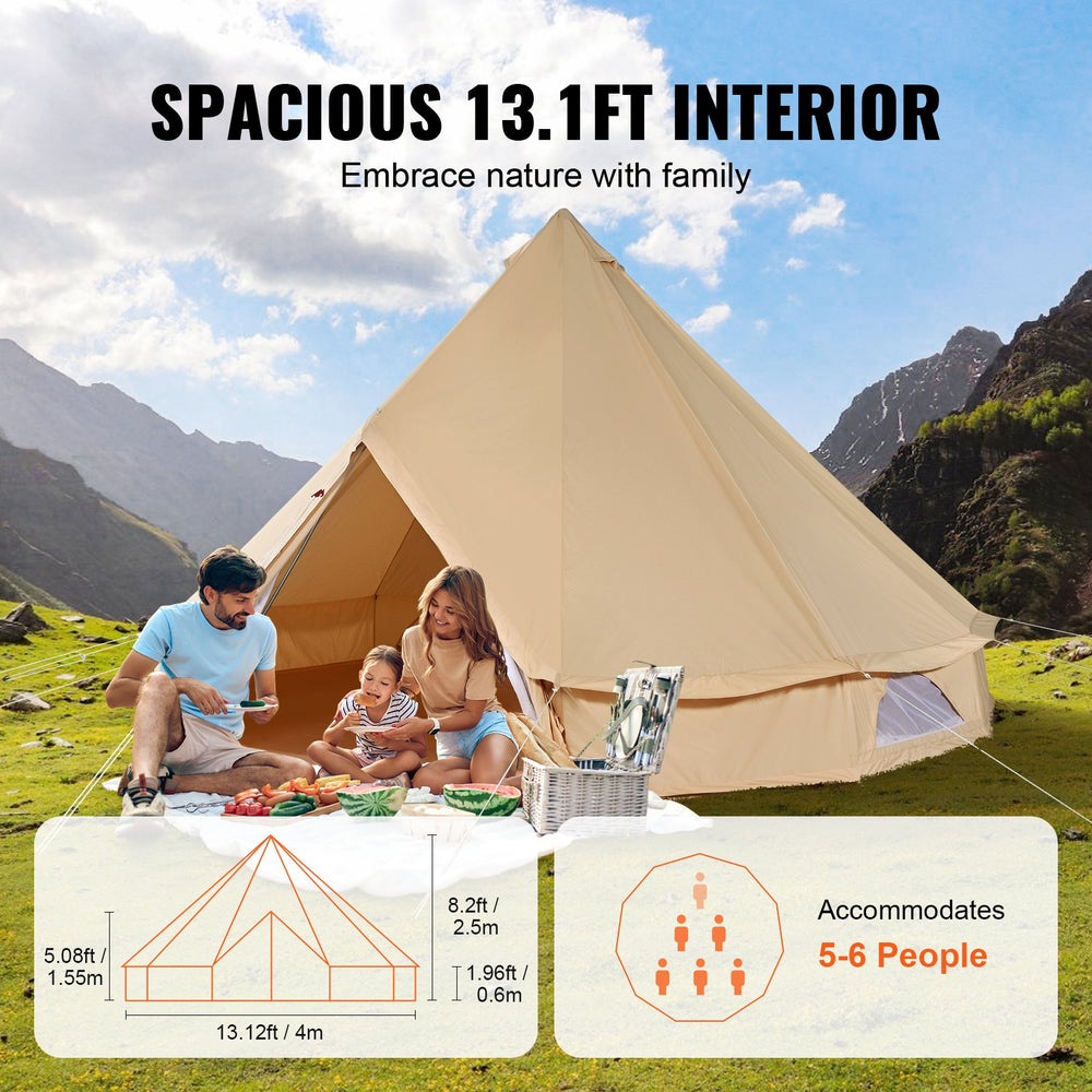 VEVOR Canvas Bell Tent, 4 Seasons 4 m/13.12 ft Yurt Tent, Canvas Tent for Camping with Stove Jack, Breathable Tent Holds up to 6 People, Family Camping Outdoor Hunting Party