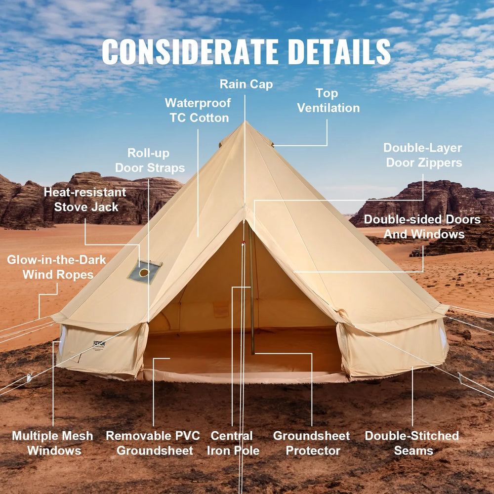 VEVOR Canvas Bell Tent, 4 Seasons 4 m/13.12 ft Yurt Tent, Canvas Tent for Camping with Stove Jack, Breathable Tent Holds up to 6 People, Family Camping Outdoor Hunting Party