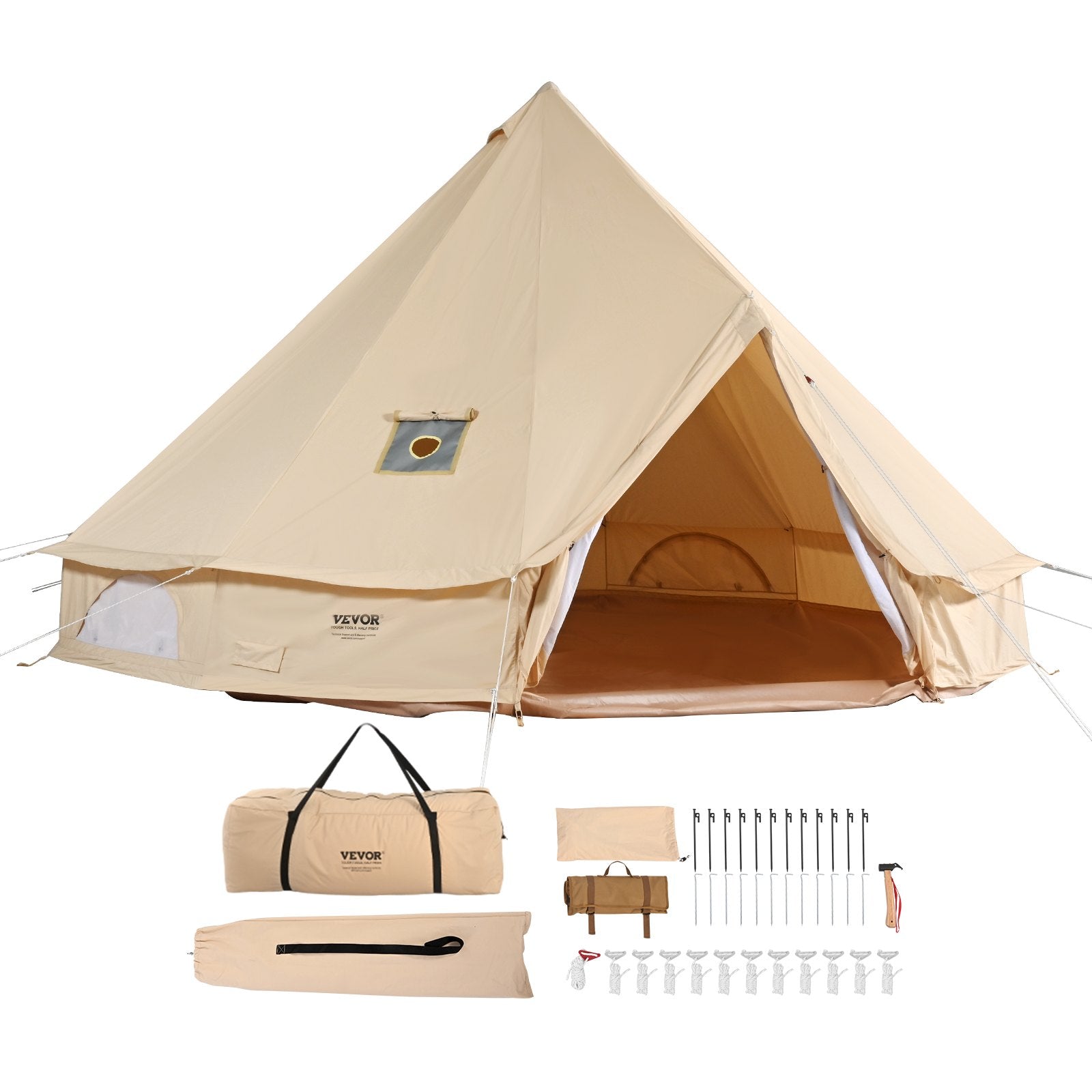 VEVOR Canvas Bell Tent, 4 Seasons 4 m/13.12 ft Yurt Tent, Canvas Tent for Camping with Stove Jack, Breathable Tent Holds up to 6 People, Family Camping Outdoor Hunting Party