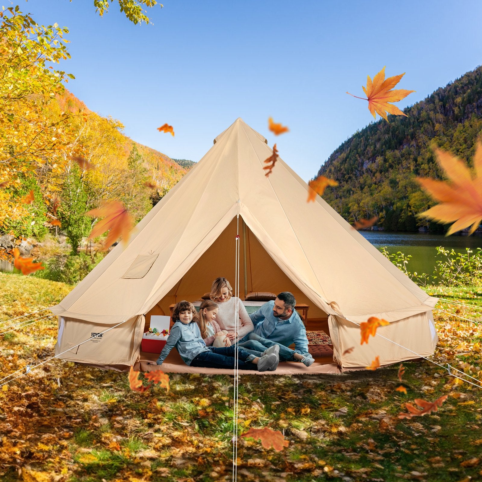 VEVOR Canvas Bell Tent, 4 Seasons 5 m/16.4 ft Yurt Tent, Canvas Tent for Camping with Stove Jack, Breathable Tent Holds up to 8 People, Family Camping Outdoor Hunting Party