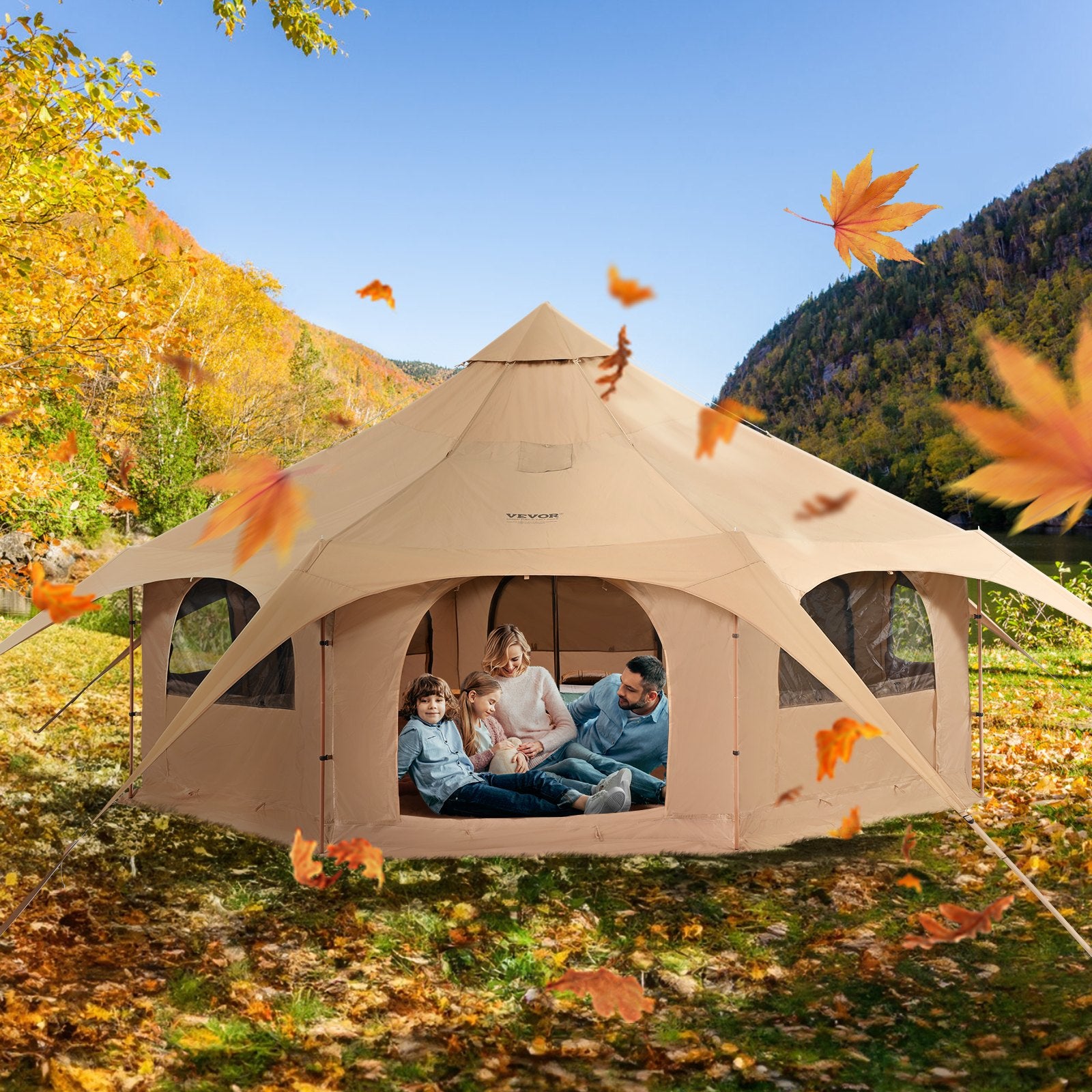 VEVOR Canvas Tent, 4 Seasons 5 m/16.4 ft Bell Tent, Canvas Tent for Camping with Stove Jack, Breathable Yurt Tent for up to 8 People, Family Camping Outdoor Hunting Party