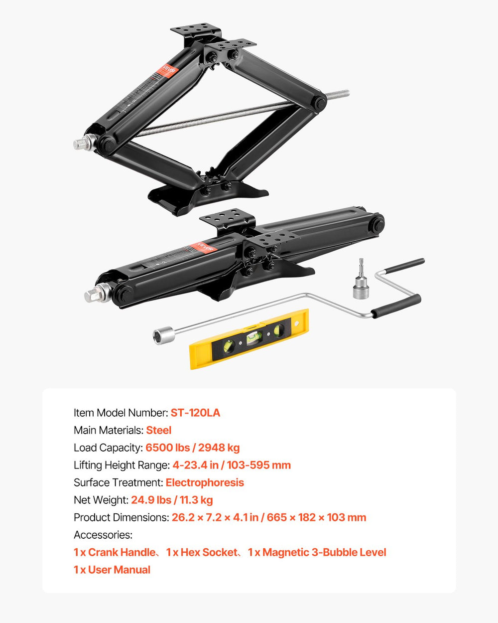 VEVOR 6500 lbs RV Scissor Jacks, 4-23.4 in RV Stabilizer Leveling Scissor Jacks, Set of 2, Heavy Duty Stabilizer Jack with Crank Handle, Socket and Bubble Levels, Not Easily Bent or Deformed