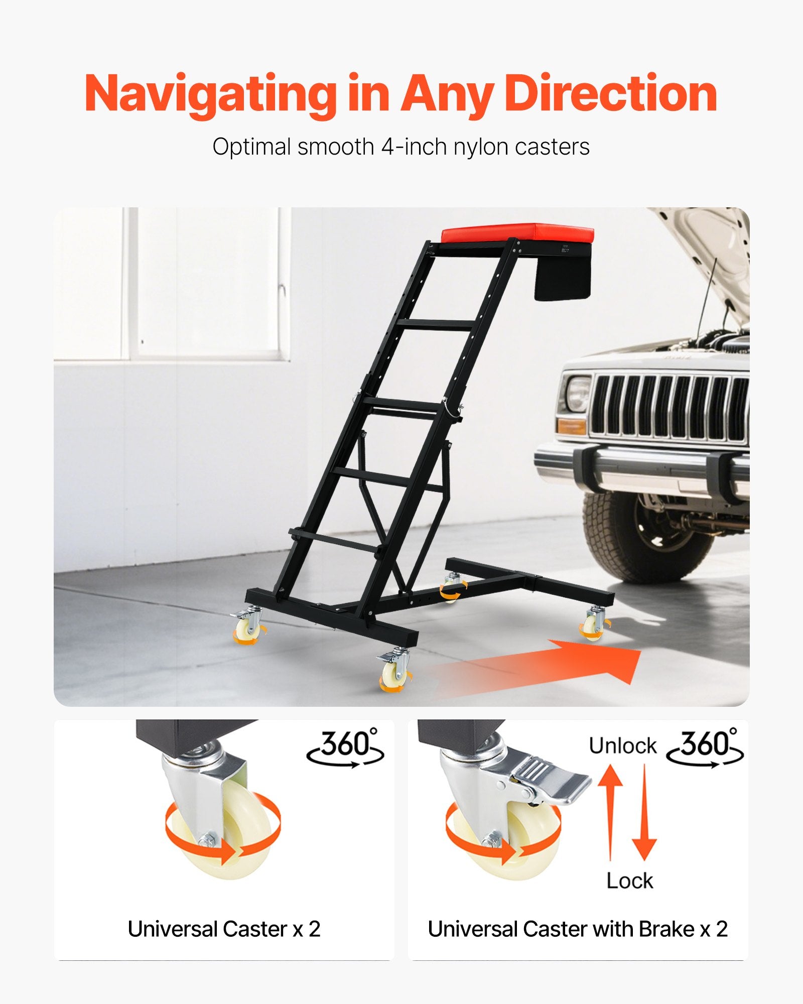 VEVOR Top Automotive Creeper, Engine Creeper with Adjustable Height 45.7" to 66.3", 400 LBS Capacity High Creeper, 4 Swivel Caster Wheels, Heavy Duty Creeper for Auto Repair and Maintenance