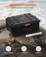 VEVOR 3.5 Cu.ft Weatherproof Hard Case, Waterproof Hard Case with Rolling Wheels & Retractable Pull Handle, IP67 Waterproof Protective Case with Clips, Padlock Holes, and Foam Inserted, Black (Large)