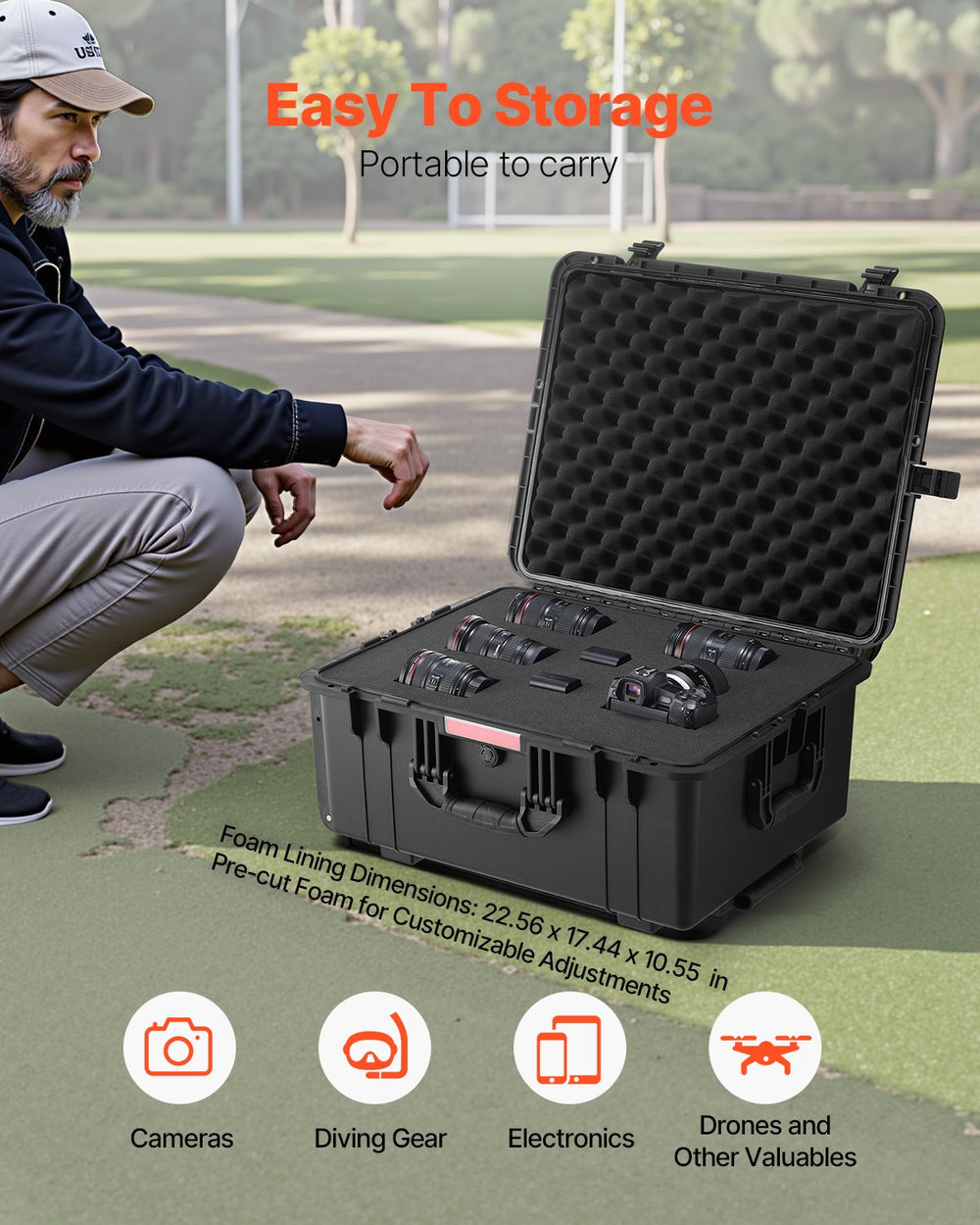 VEVOR 3.5 Cu.ft Weatherproof Hard Case, Waterproof Hard Case with Rolling Wheels & Retractable Pull Handle, IP67 Waterproof Protective Case with Clips, Padlock Holes, and Foam Inserted, Black (Large)