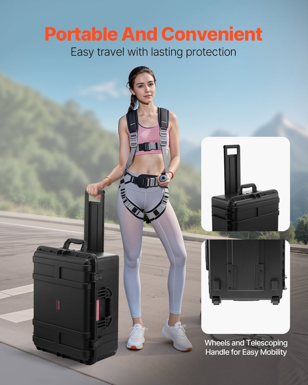 VEVOR 3.5 Cu.ft Weatherproof Hard Case, Waterproof Hard Case with Rolling Wheels & Retractable Pull Handle, IP67 Waterproof Protective Case with Clips, Padlock Holes, and Foam Inserted, Black (Large)