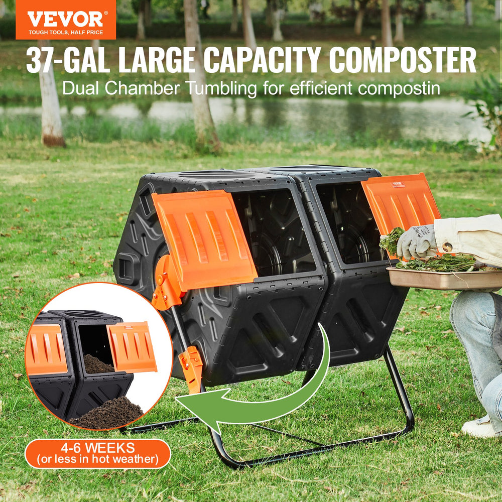 VEVOR Compost Bin, 140.1L Dual Chamber Composting Tumbler, High Volume Two Rotating Chambers with 2 Sliding Door and Steel Frame, BPA Free Composter Bin Tumbler for Garden, Kitchen, Yard, Outdoor