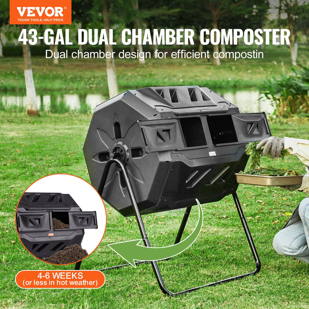 VEVOR Compost Bin, 162.8 L Dual Chamber Composting Tumbler, Large Tumbling Rotating Composter with 2 Sliding Doors and Steel Frame, BPA Free Composter Bin Tumbler for Garden, Kitchen, Yard, Outdoor