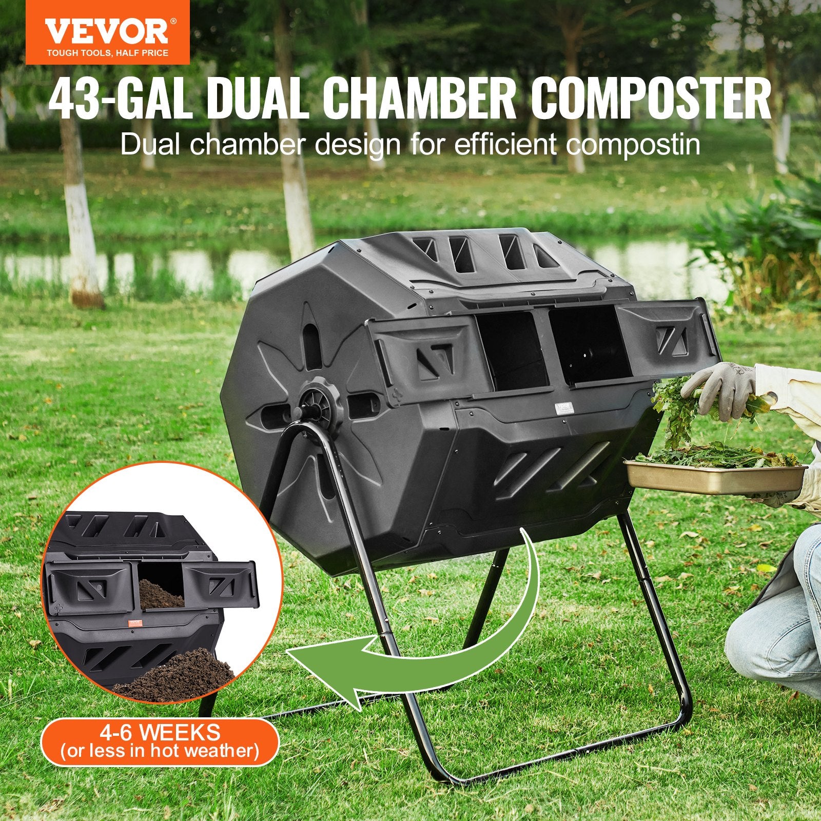 VEVOR Compost Bin, 162.8 L Dual Chamber Composting Tumbler, Large Tumbling Rotating Composter with 2 Sliding Doors and Steel Frame, BPA Free Composter Bin Tumbler for Garden, Kitchen, Yard, Outdoor