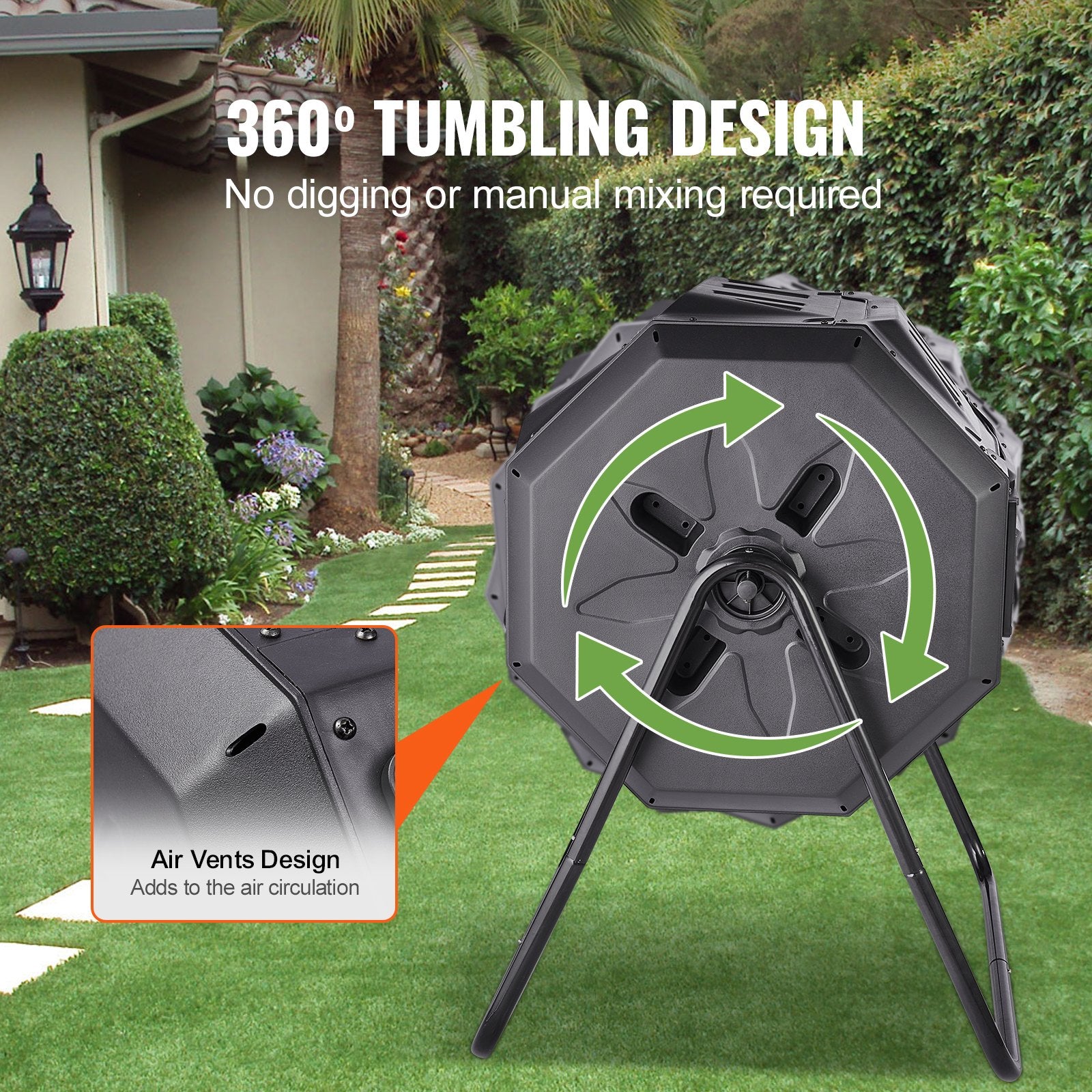 VEVOR Compost Bin, 162.8 L Dual Chamber Composting Tumbler, Large Tumbling Rotating Composter with 2 Sliding Doors and Steel Frame, BPA Free Composter Bin Tumbler for Garden, Kitchen, Yard, Outdoor