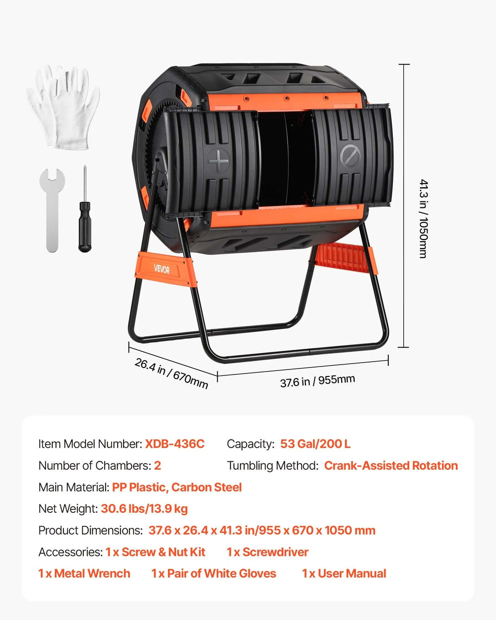 VEVOR Compost Tumbler, 200L Dual Chamber Outdoor Tumbling Composter with 2 Sliding Doors and Aeration System, Large Easy-Turn Fast Rotating Composting Bin for Outside, Garden, Kitchen, and Yard Waste