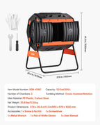 VEVOR Compost Tumbler, 200L Dual Chamber Outdoor Tumbling Composter with 2 Sliding Doors and Aeration System, Large Easy-Turn Fast Rotating Composting Bin for Outside, Garden, Kitchen, and Yard Waste