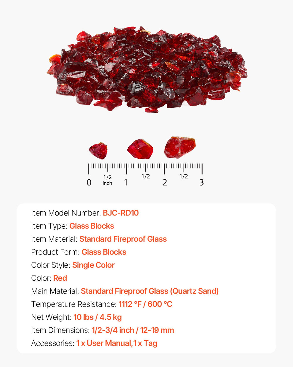 VEVOR Fire Glass, 10 LBS / 4.5 KG Smokeless & High-Temperature Resistant Fireplace Rocks, 3/4-Inch / 19.05 mm Reflective Firepit Glass Rock, High Luster Stone Landscaping for Fire Pit Table, Red
