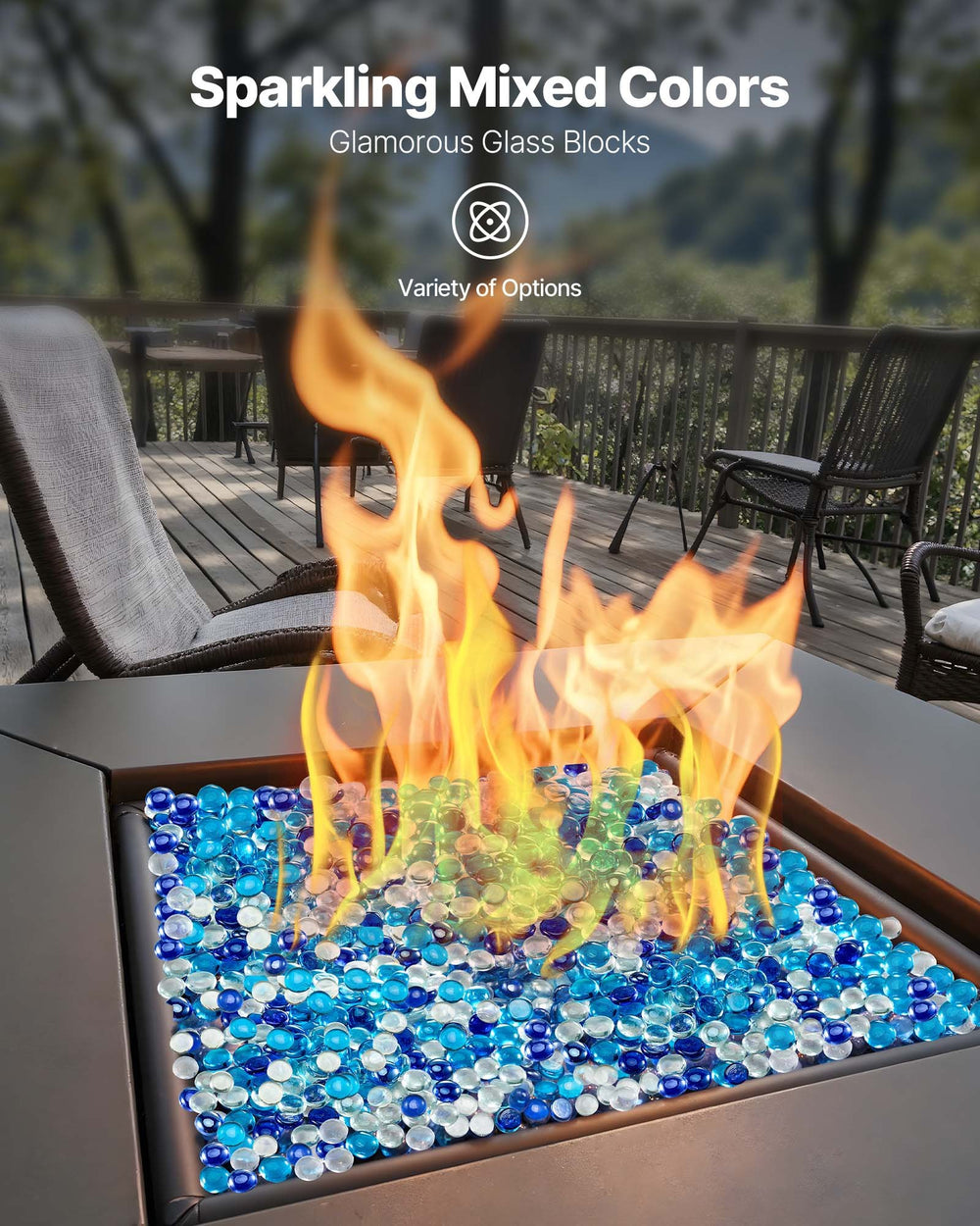 VEVOR Fire Glass, 10LBS / 4.5KG Smokeless & Fireplace Rocks, 3/4-Inch / 19.05 mm Reflective Firepit Glass Beads, High Luster Stone Landscaping for Fire Pit Table, Cobalt Blue + Caribbean Blue + Clear