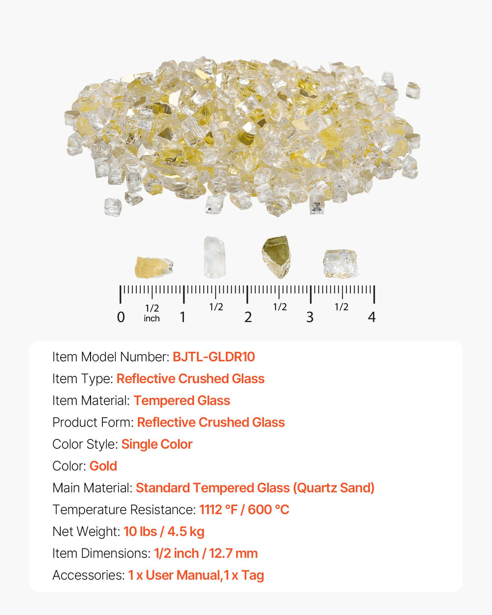 VEVOR Fire Glass, 10 LBS / 4.5 KG High-Temperature Resistant Fireplace Rocks, 1/2-Inch / 12.7 mm Reflective & Smokeless Firepit Glass Rock, High Luster Stone Landscaping for Fire Pit Table, Gold