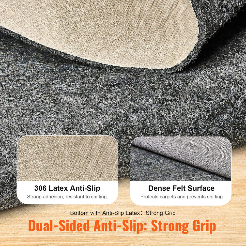 VEVOR Slip-Resistant Rug Pad, Protective Cushioning Carpet Pad, 2'x8' (7.87' Actual) - 1/4"Thick - Dual Surface - Polyester Felt + Latex, 1-2㎡ Area Carpet Padding Rug Cushion Safe for All Floors, Grey