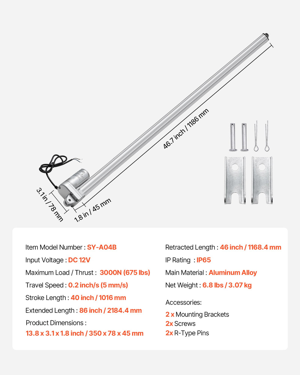 VEVOR 12V Linear Actuator, 1016mm Stroke IP65 Waterproof Linear Actuator, 3000N 5mm/s Motion Actuators with Mounting Bracket for Solar Trackers, Industrial Machinery, Door Opener