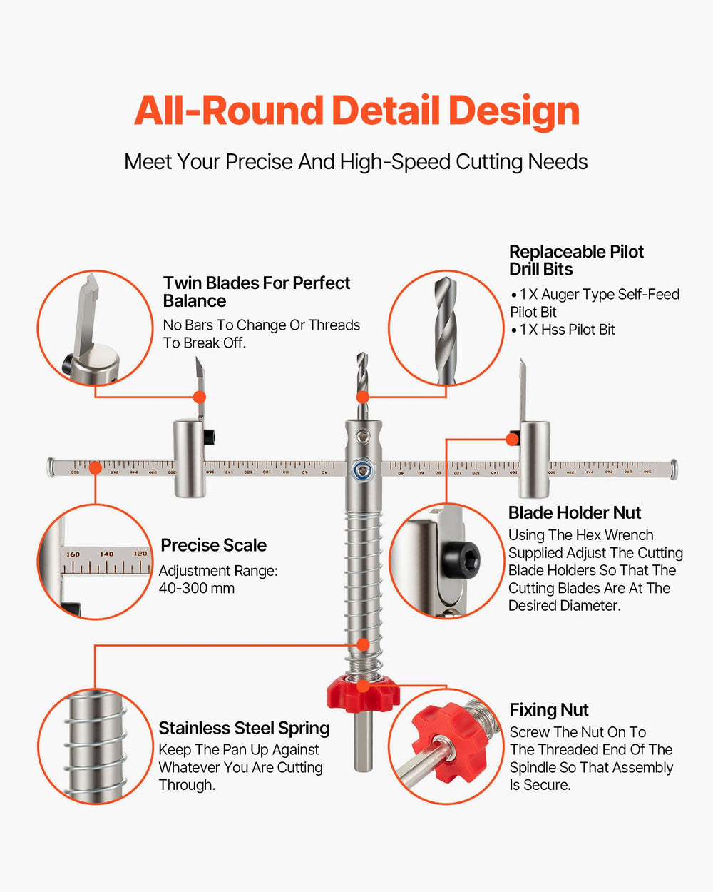 VEVOR Adjustable Hole Saw Cutter Kit, 1-5/8" to 11-13 /16" (40-300 mm), Recessed Hole Saw with PC Dust Shield, Two Replaceable Pilot Drill Bits, for Recessed Lights, Ceiling Speakers, Vent Holes
