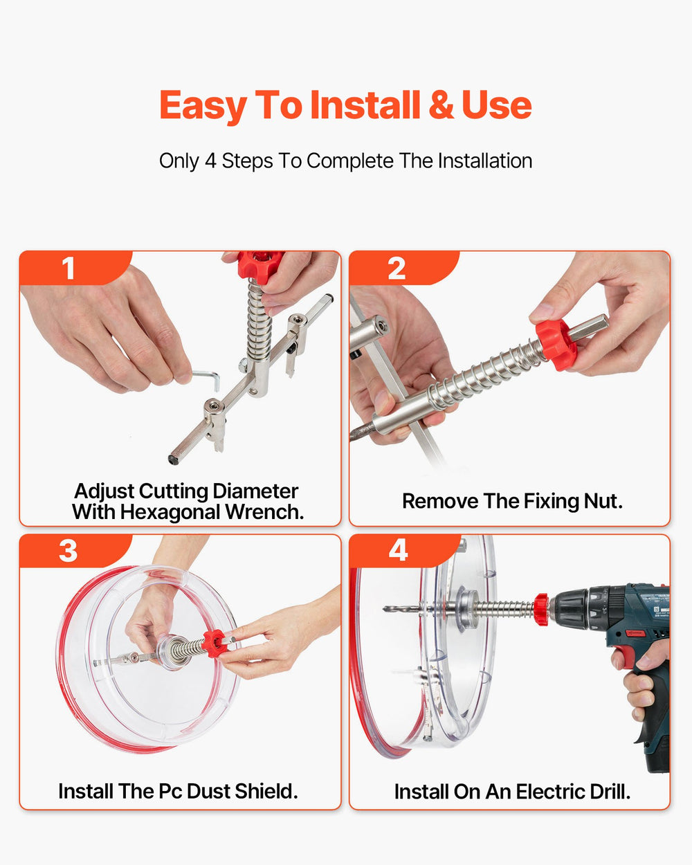 VEVOR Adjustable Hole Saw Cutter Kit, 1-5/8" to 11-13 /16" (40-300 mm), Recessed Hole Saw with PC Dust Shield, Two Replaceable Pilot Drill Bits, for Recessed Lights, Ceiling Speakers, Vent Holes
