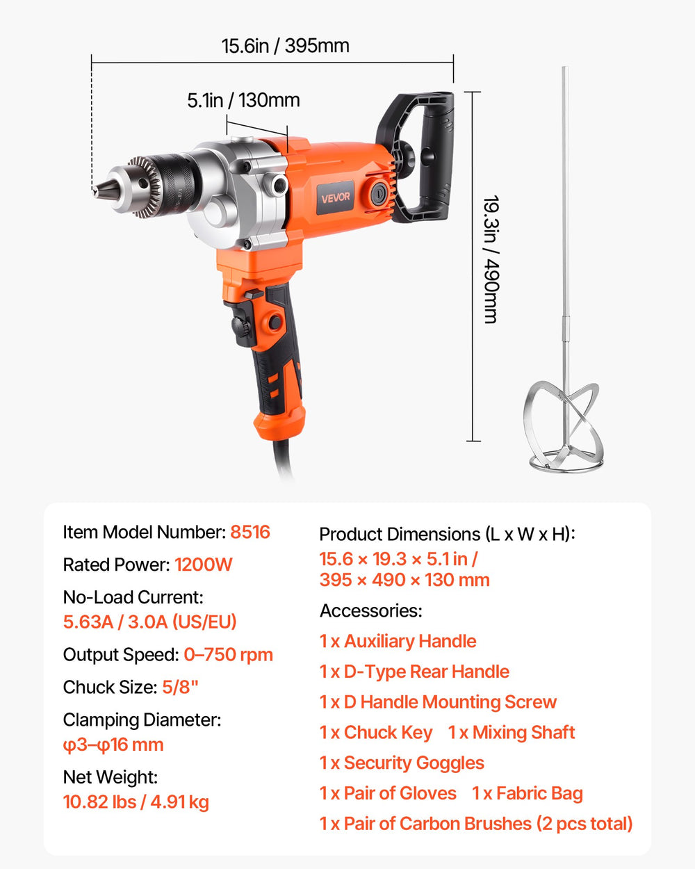 VEVOR Drill Mixer, 15.89mm Corded Electric Drill Mixer Set, 0-750RPM 3A Mixing Drills, Mixing Drills Machine with D-Handle for Drilling & Blending, Handheld Cement Mixers for Fodder, Paint, Cement