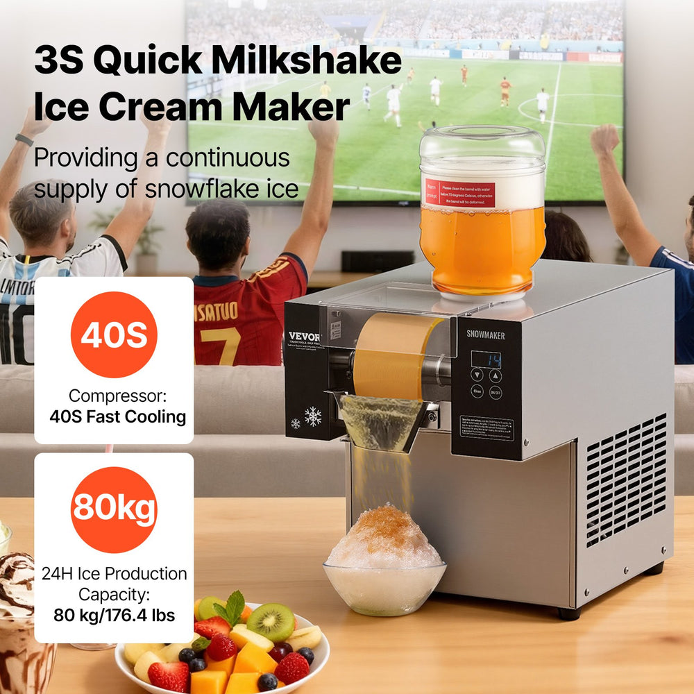 VEVOR Commercial Snowflake Ice Machine, 176.4LBS/24H Snowflake Ice Maker, Stainless Steel Ice Shaver Machine, Electric Snow Cone Maker, Air Cooling System for Rapid Heat Dissipation, for Bakery, Cafe