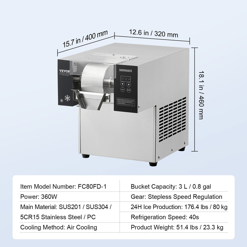 VEVOR Commercial Snowflake Ice Machine, 176.4LBS/24H Snowflake Ice Maker, Stainless Steel Ice Shaver Machine, Electric Snow Cone Maker, Air Cooling System for Rapid Heat Dissipation, for Bakery, Cafe