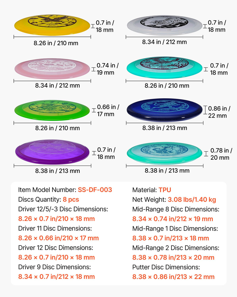 VEVOR Disc Golf Set, 8 Pack Disc Golf Starter Set, Beginners Flying Discs for Full-Body Strength Training, with Putter, Mid-Range, Driver, PDGA Approved, for Outdoor Backyard, Lawn, Beach, and Park