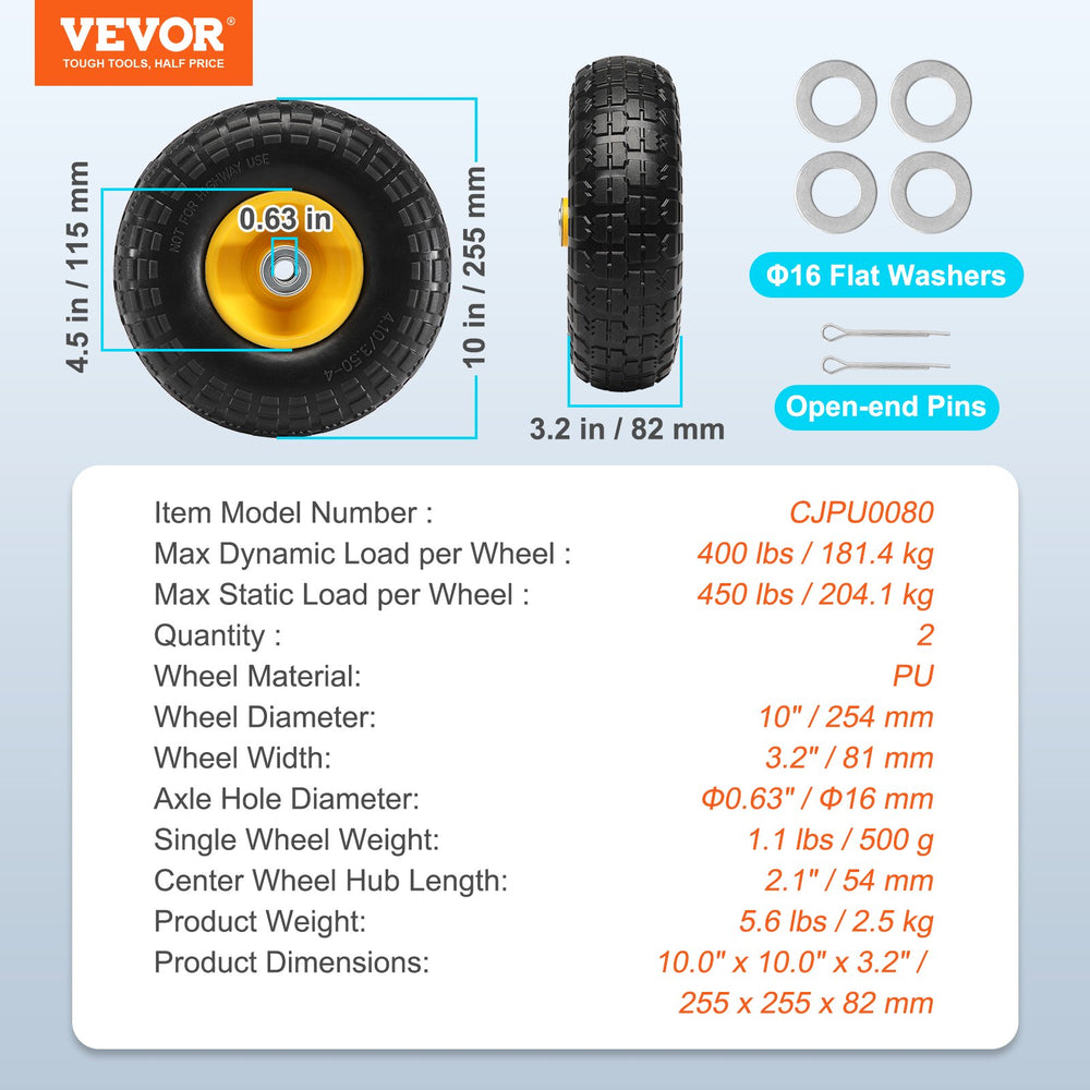 VEVOR Solid PU Run-Flat Tire Wheel Flat Free Tubeless Tire 25.4 cm 2-Pack 181.4 kg
