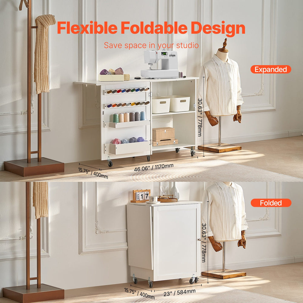 VEVOR Folding Sewing Table, Multipurpose Sewing Machine Table with Compact Design, Wheels, Shelves, Storage Trays, Wooden Pegs, and Magnetic Doors, Sewing Desk Cabinet for Sewing Machine, White