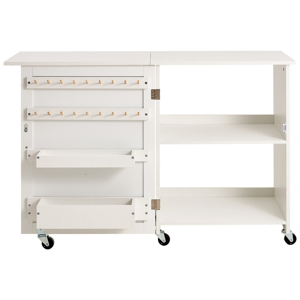 VEVOR Folding Sewing Table, Multipurpose Sewing Machine Table with Compact Design, Wheels, Shelves, Storage Trays, Wooden Pegs, and Magnetic Doors, Sewing Desk Cabinet for Sewing Machine, White