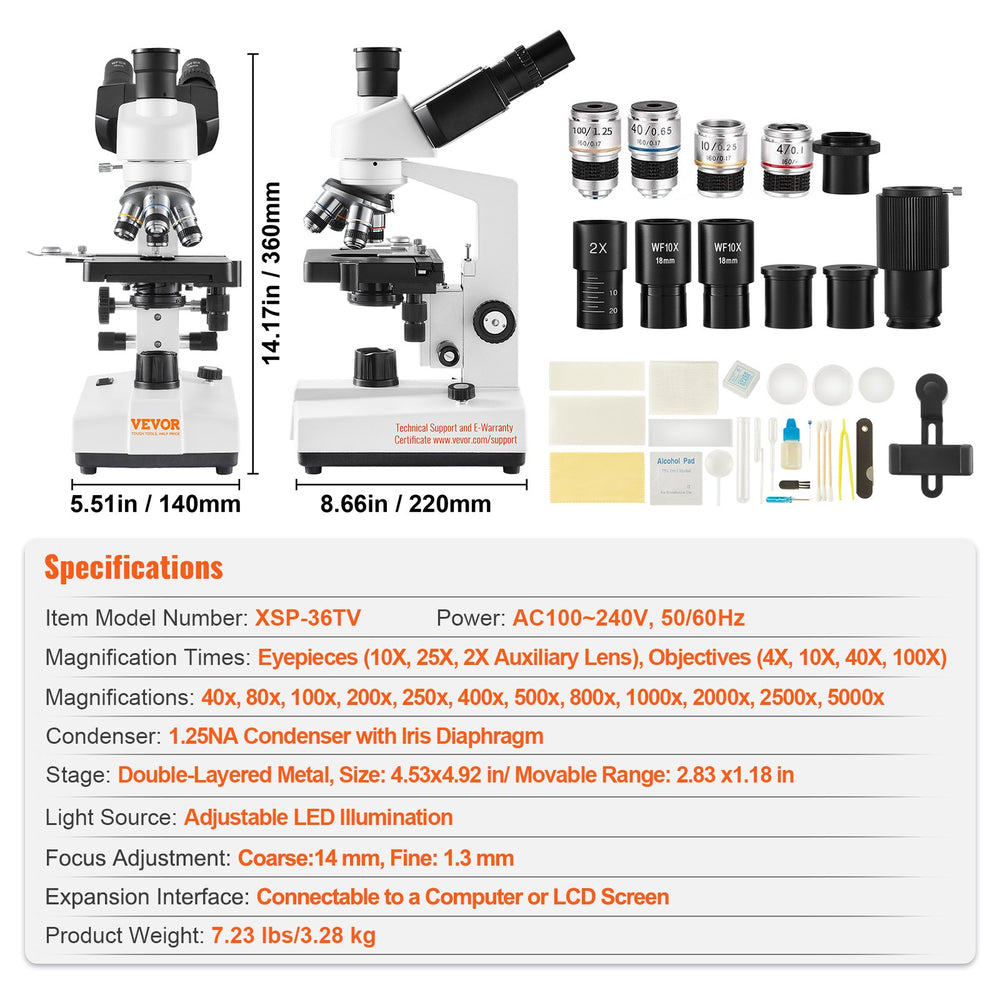 VEVOR Compound Trinocular Microscope 40X-2500 Magnification Lab Microscope with LED Illumination & External Interface