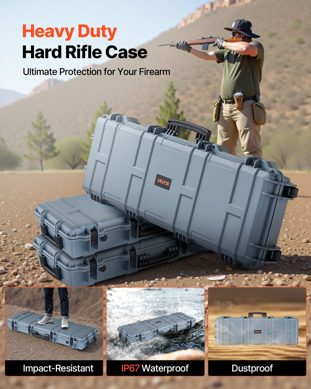 VEVOR Hard Rifle Case, Lockable Rifle Case with Pre-cut Foams, 108.9 cm Gun Storage with Wheels, IP67 Waterproof & Dustproof Movable Large Pistol Storage for Rifles, Shotguns, Airsoft Guns, Grey