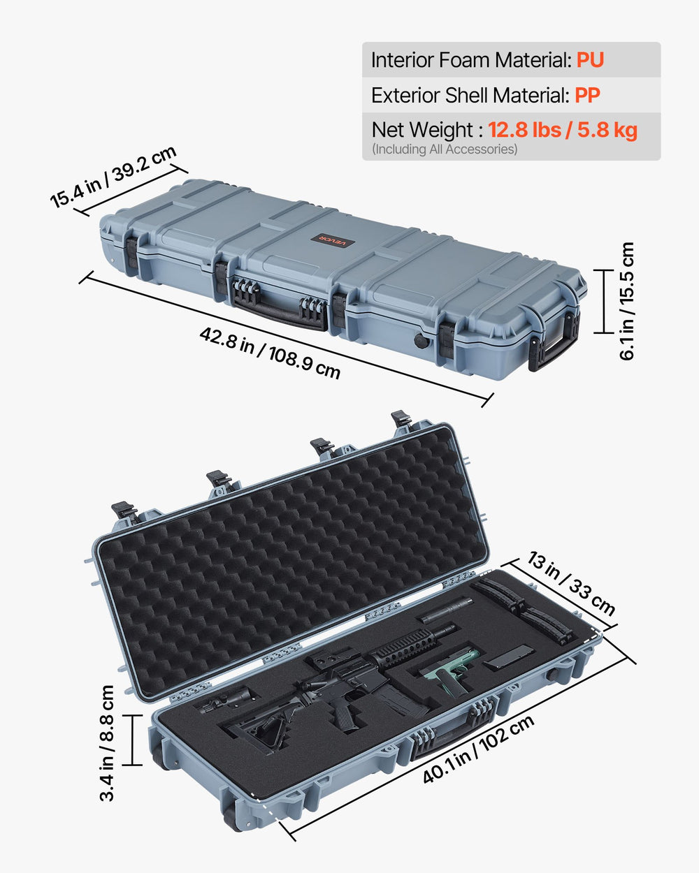 VEVOR Hard Rifle Case, Lockable Rifle Case with Pre-cut Foams, 108.9 cm Gun Storage with Wheels, IP67 Waterproof & Dustproof Movable Large Pistol Storage for Rifles, Shotguns, Airsoft Guns, Grey