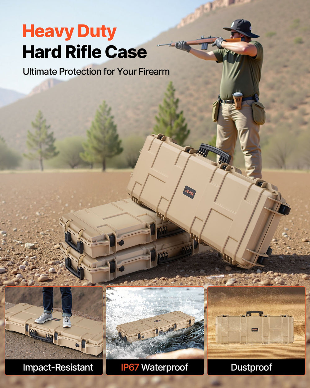 VEVOR Hard Rifle Case, Lockable Rifle Case with Pre-cut Foams, 109 cm Movable Gun Storage with Wheels, IP67 Waterproof & Dustproof Pistol Storage for Rifle, Shotgun, Airsoft Gun, Khaki