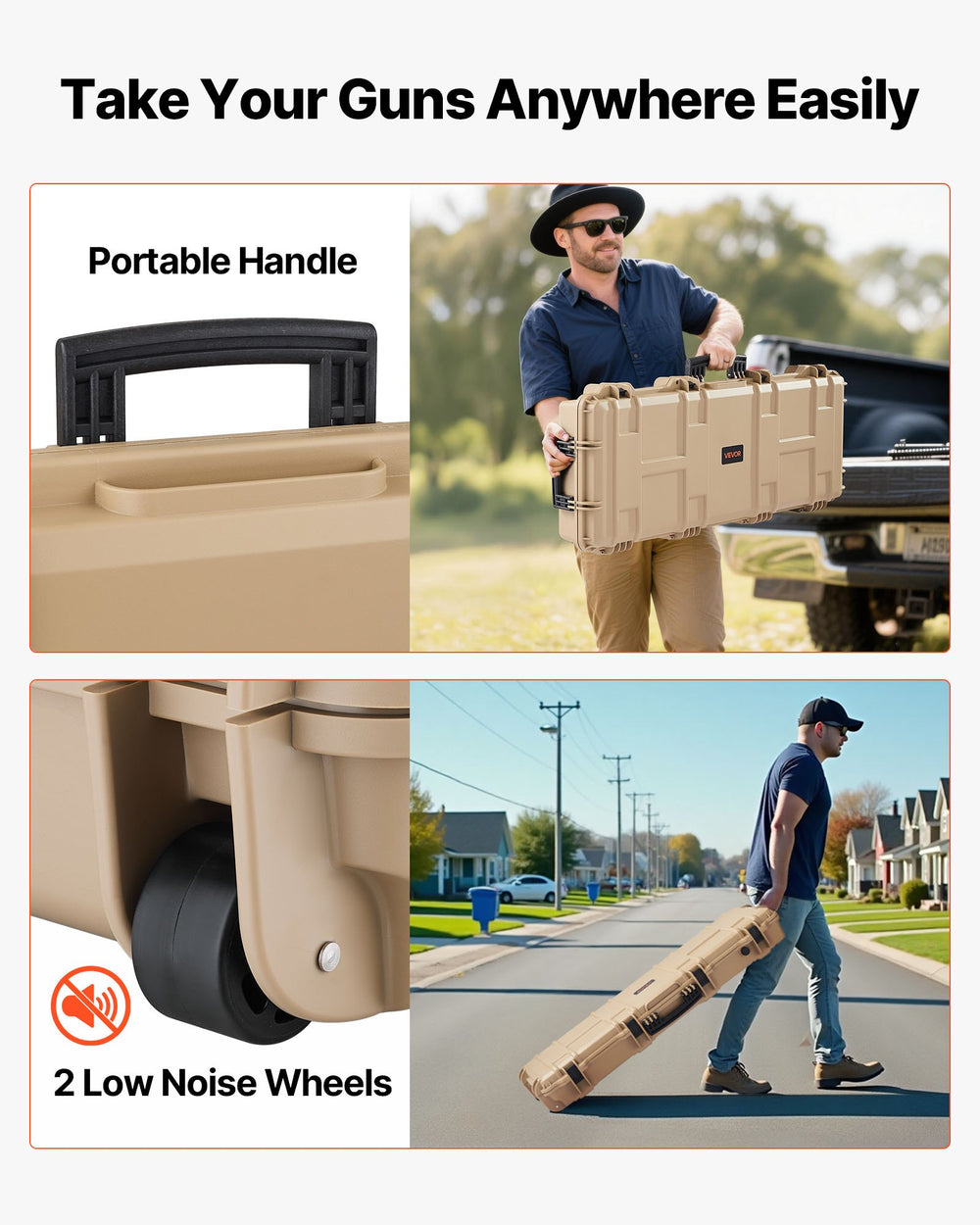 VEVOR Hard Rifle Case, Lockable Rifle Case with Pre-cut Foams, 109 cm Movable Gun Storage with Wheels, IP67 Waterproof & Dustproof Pistol Storage for Rifle, Shotgun, Airsoft Gun, Khaki